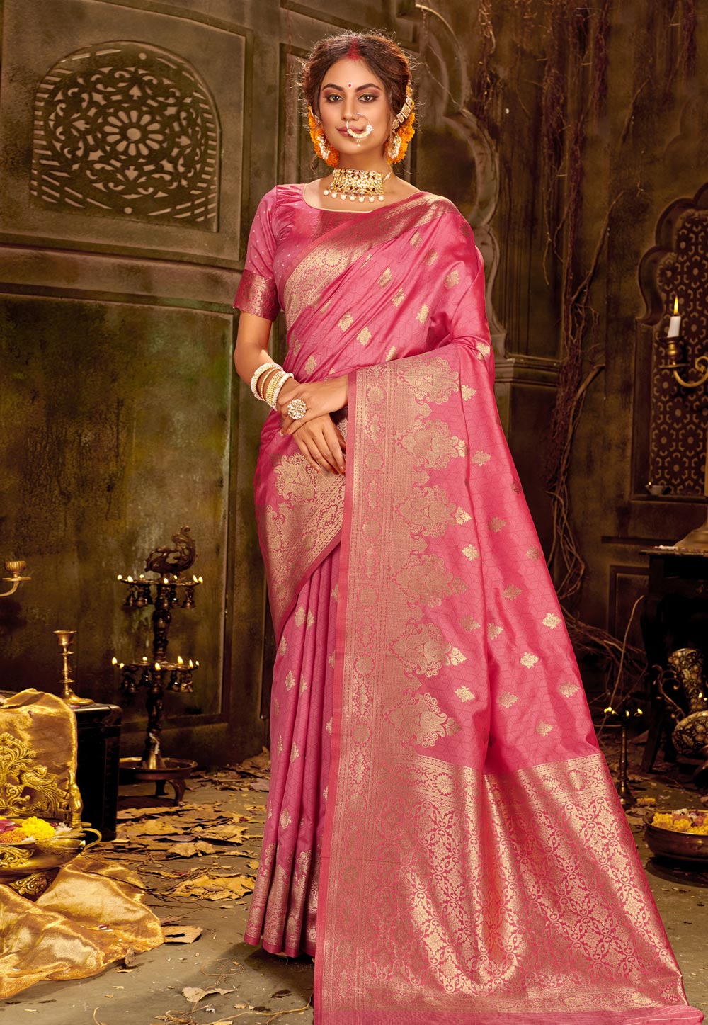 Pink Banarasi Silk Festival Wear Saree 212383