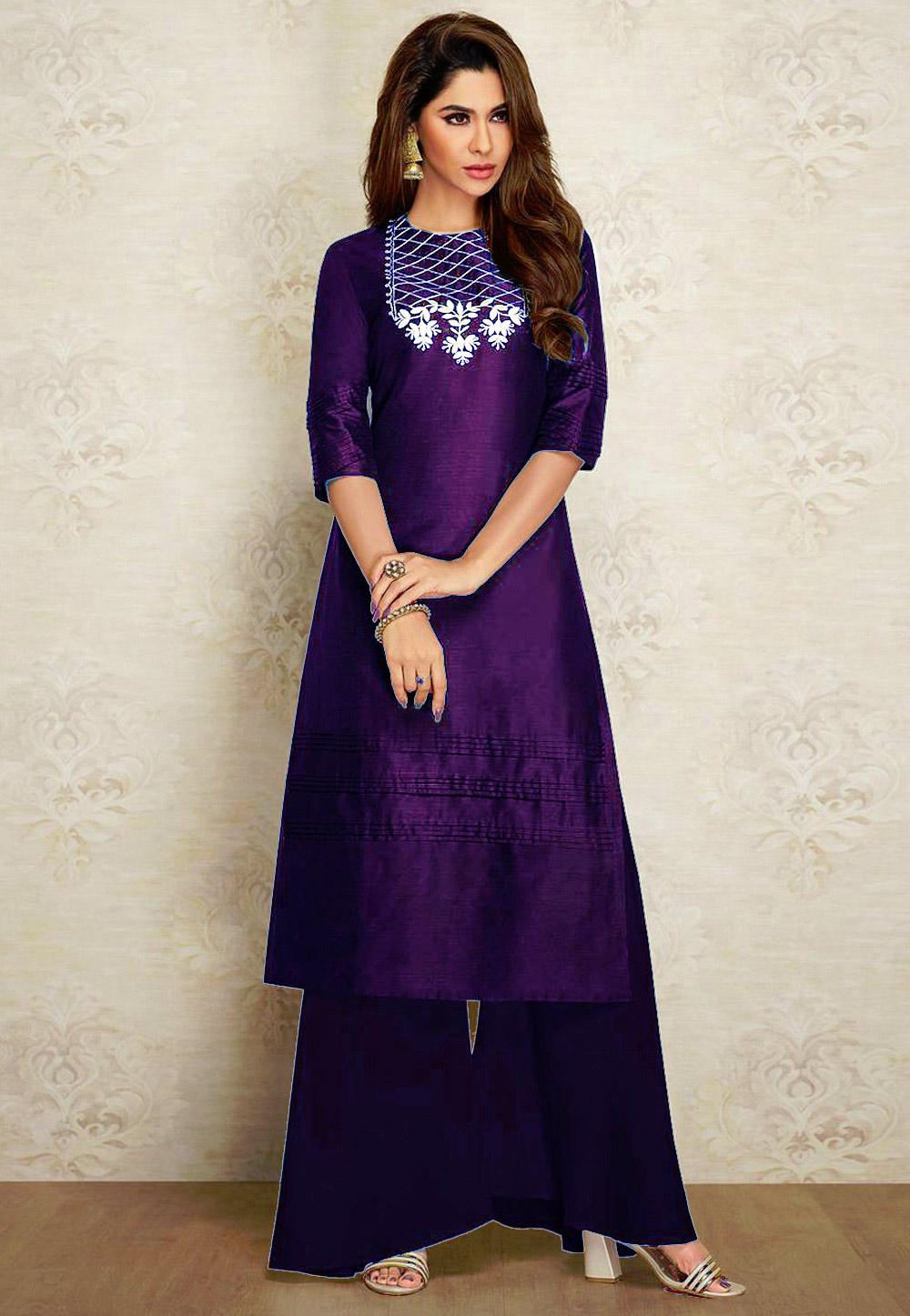 Purple Dupion Silk Kurta Set With Palazzo 219490