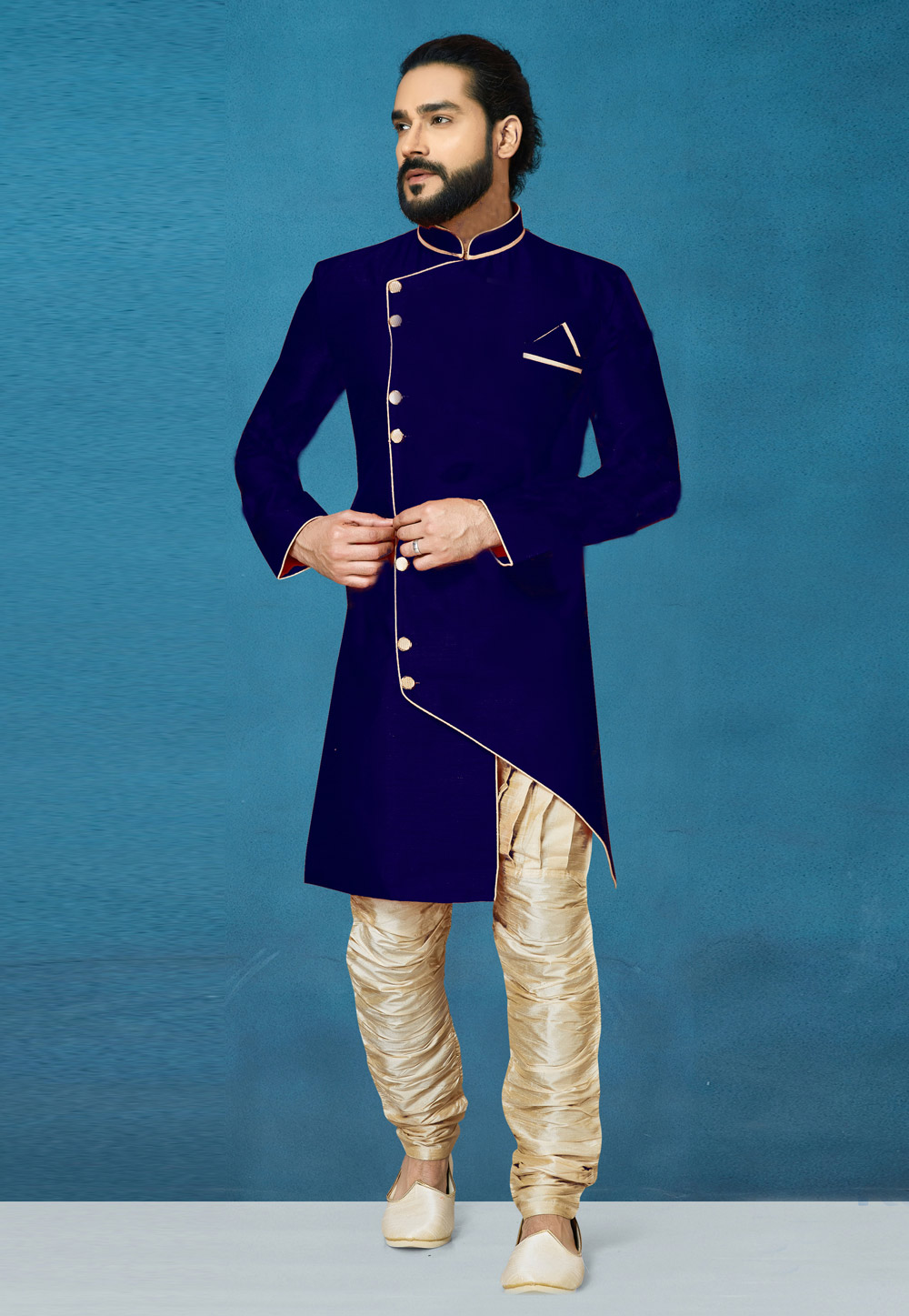 Navy Blue Art Silk Indo Western Suit 244647