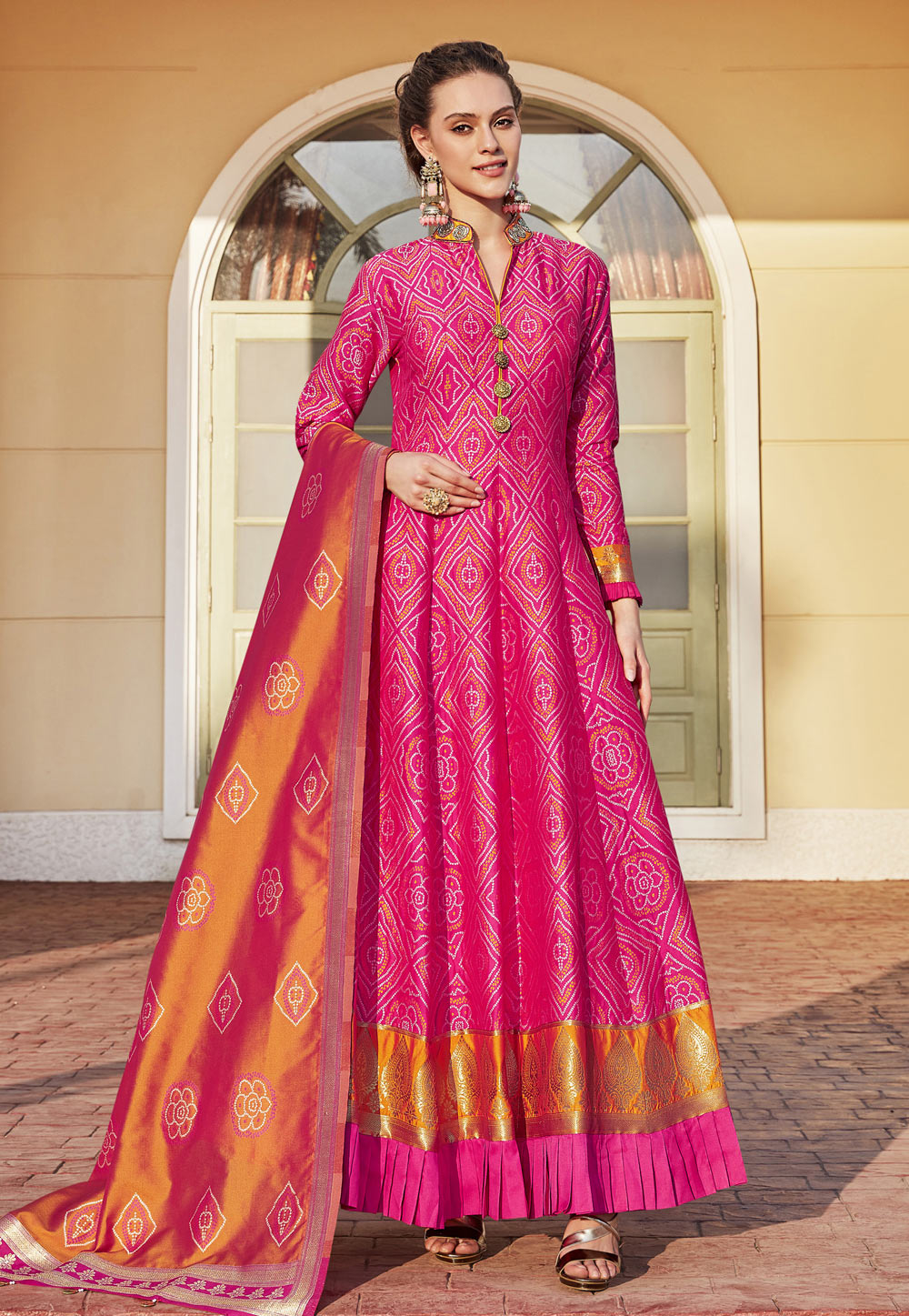 Pink Jacquard Readymade Ankle Length Anarkali Suit 217412
