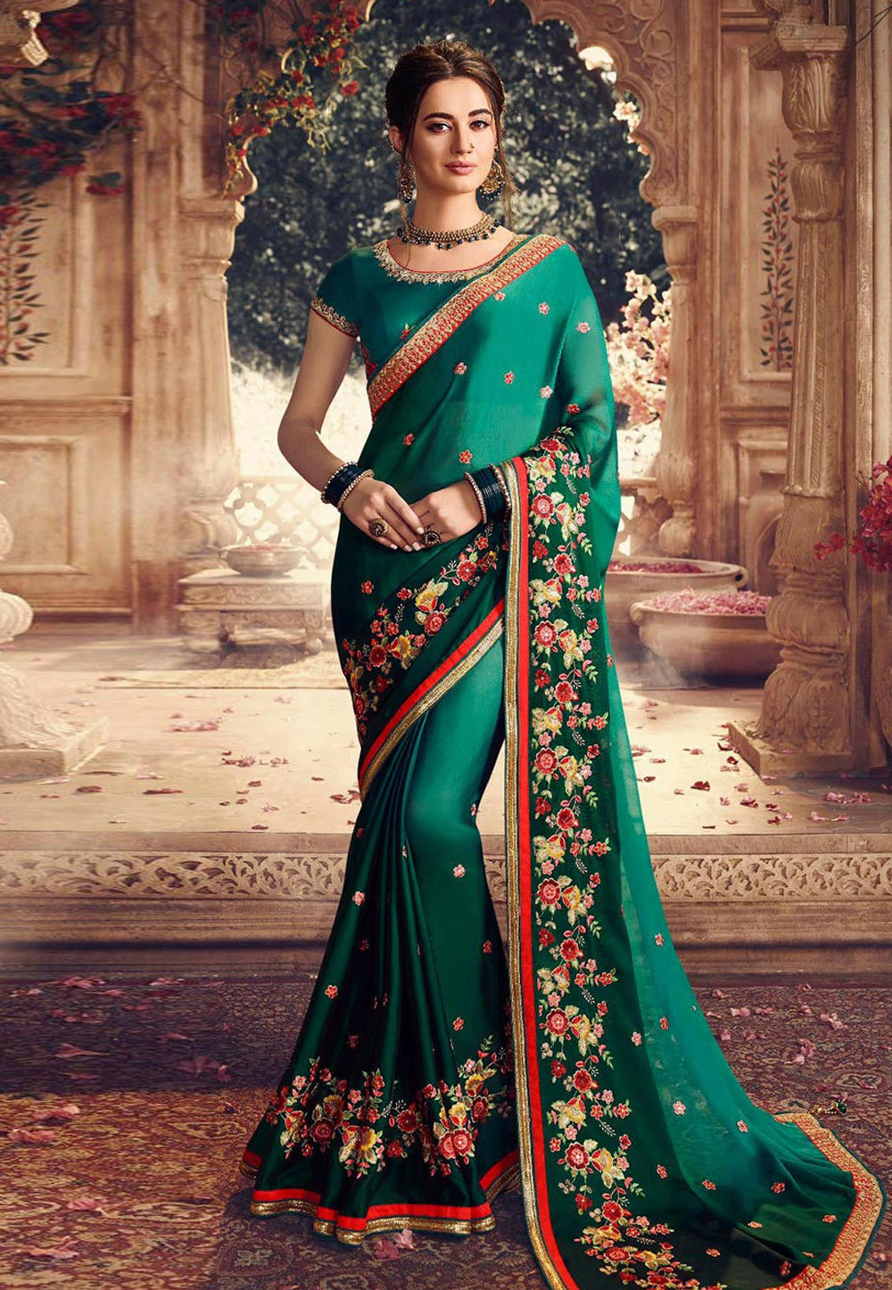 Green Georgette Embroidered Festival Wear Saree 216877