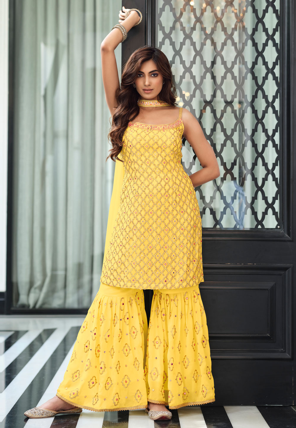 Yellow Georgette Readymade Sharara Suit 249873
