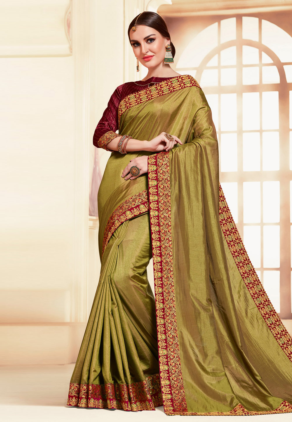Olive Green Silk Saree With Blouse 212518