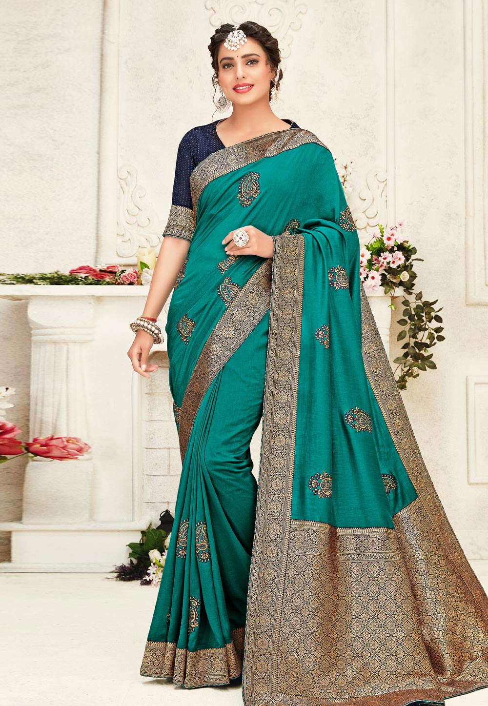 Turquoise Silk Saree With Blouse 212528