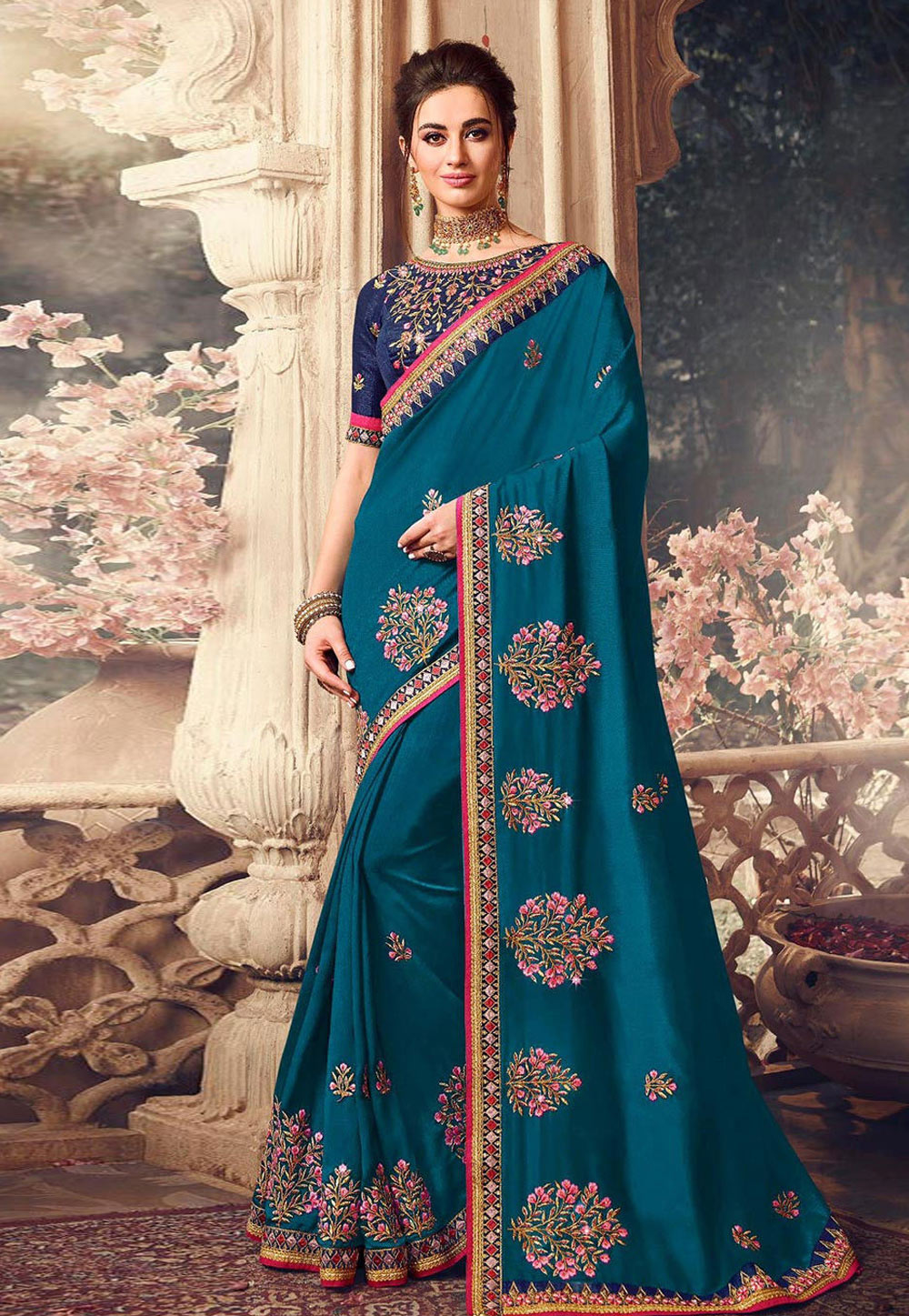 Blue Silk Embroidered Festival Wear Saree 216878