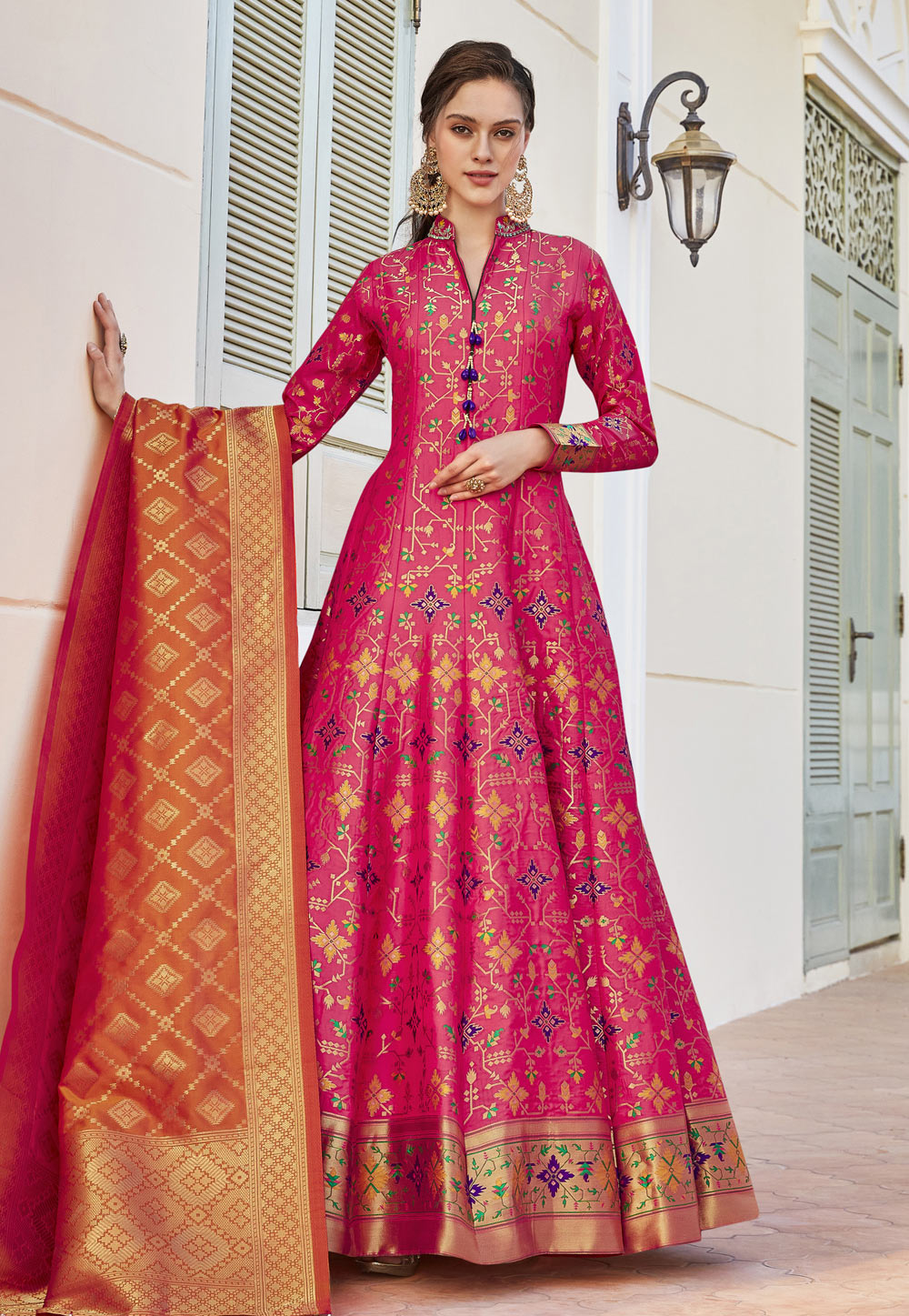 Pink Jacquard Readymade Abaya Style Anarkali Suit 217414
