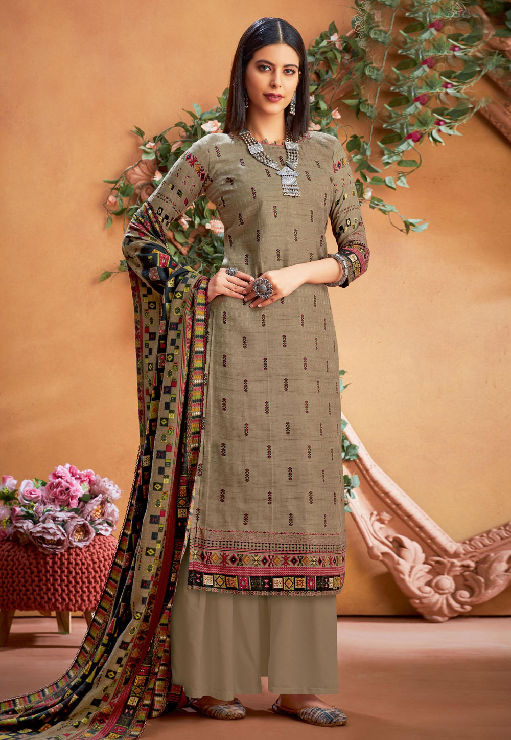 Beige Pashmina Palazzo Suit 212669