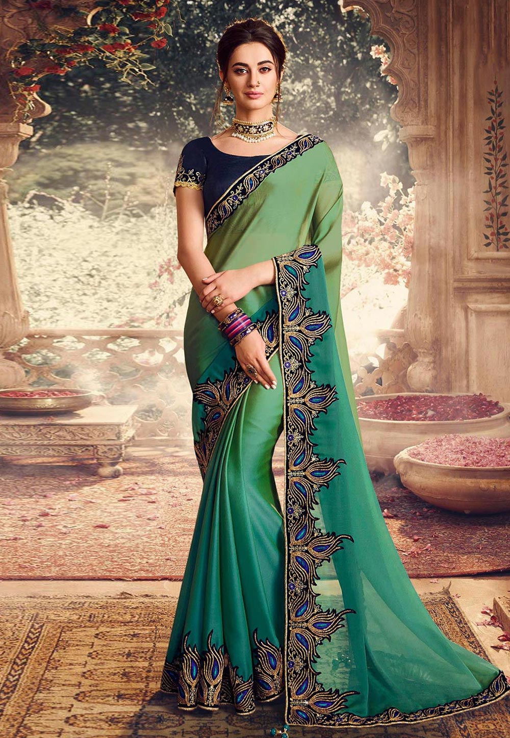 Green Georgette Embroidered Festival Wear Saree 216880