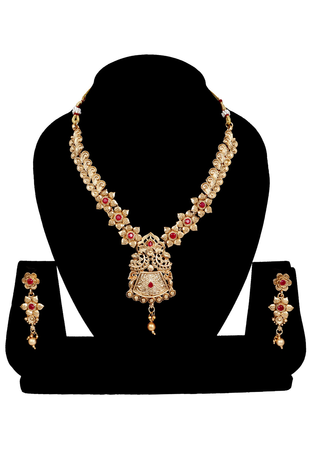 Red Alloy Austrian Diamonds and Kundan Necklace With Earrings 272655