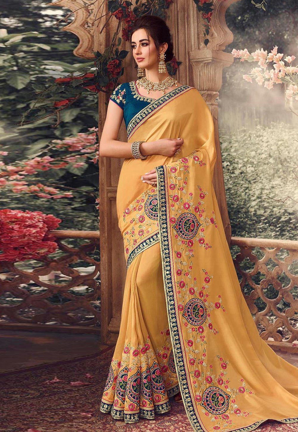 Yellow Silk Embroidered Party Wear Saree 216881
