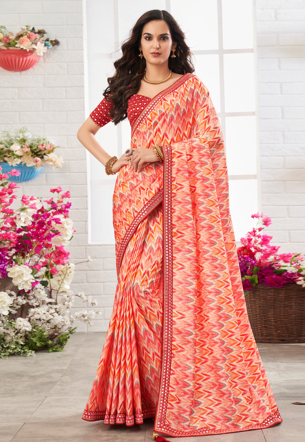 Red Chinon Saree With Blouse 247256