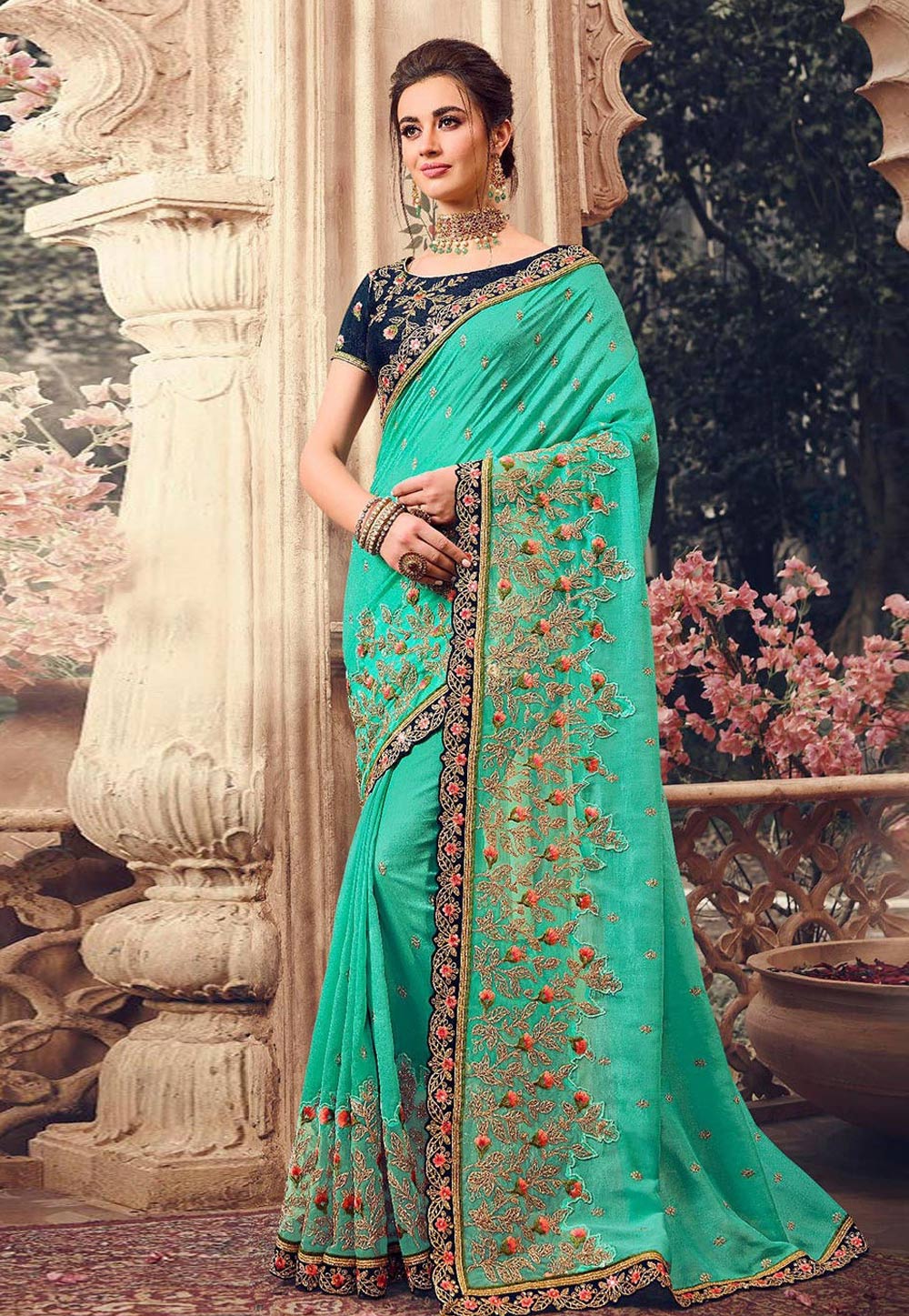 Green Silk Embroidered Party Wear Saree 216882
