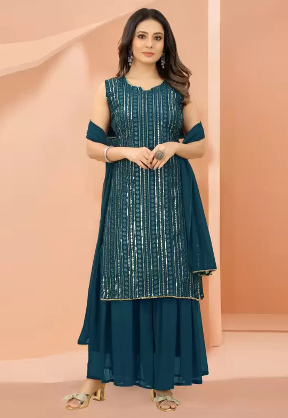 Teal Georgette Readymade Sharara Suit 268847