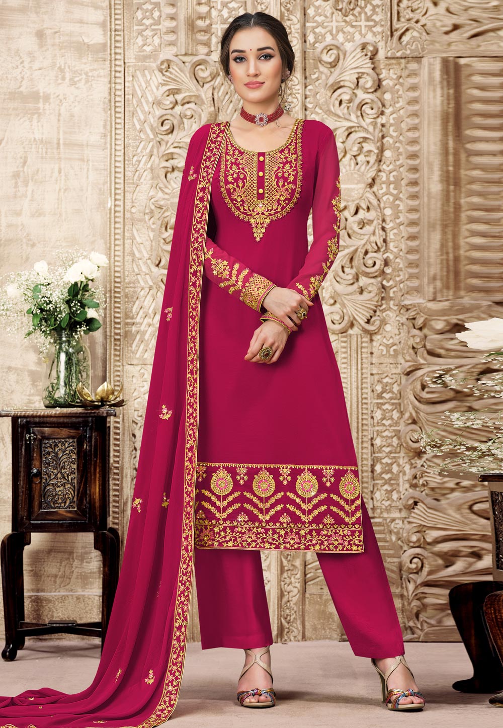Pink Georgette Palazzo Suit 233947