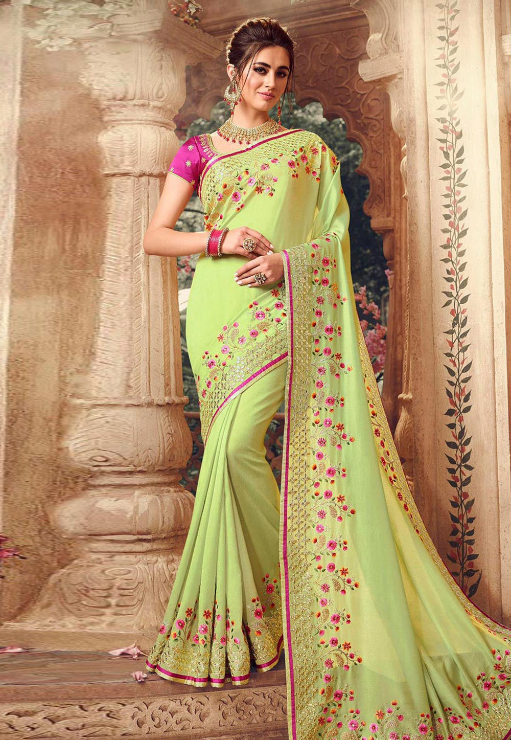 Light Green Silk Embroidered Party Wear Saree 216883