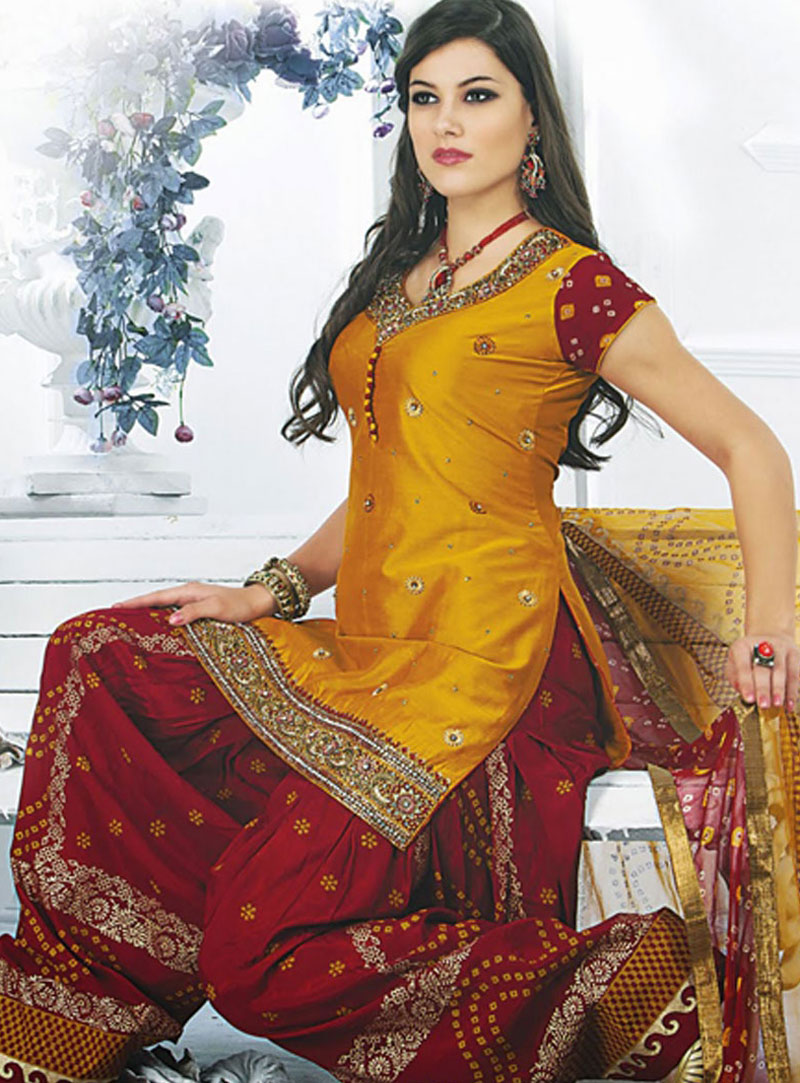 Yellow Resham Work Silk Punjabi Salwar Style Suit 28759