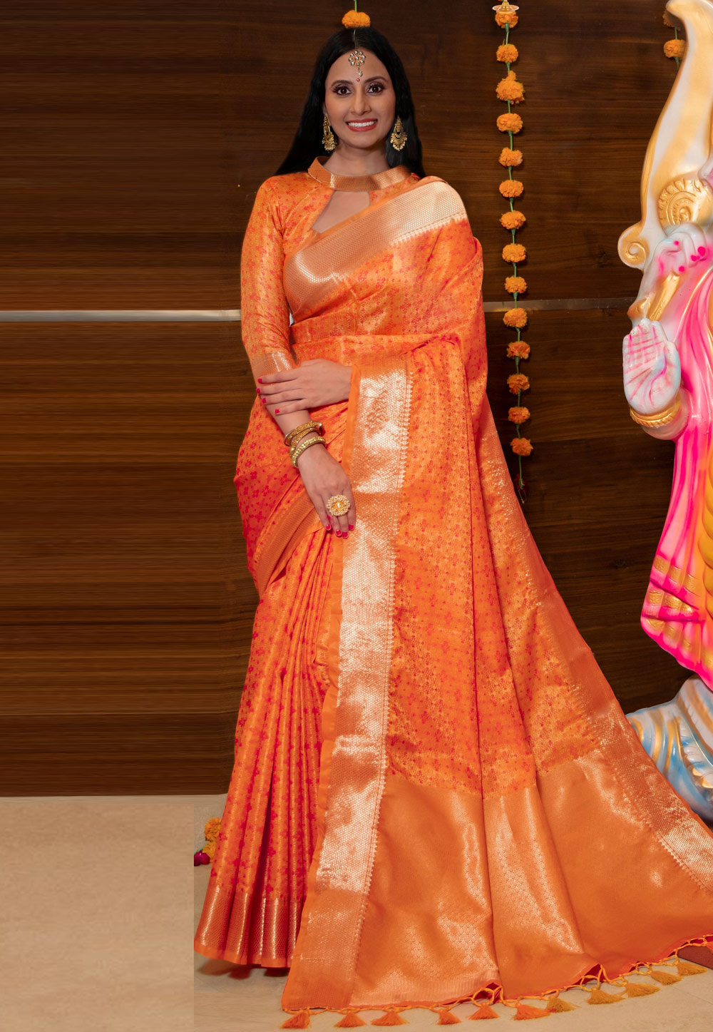 Orange Banarasi Silk Saree With Blouse 237522