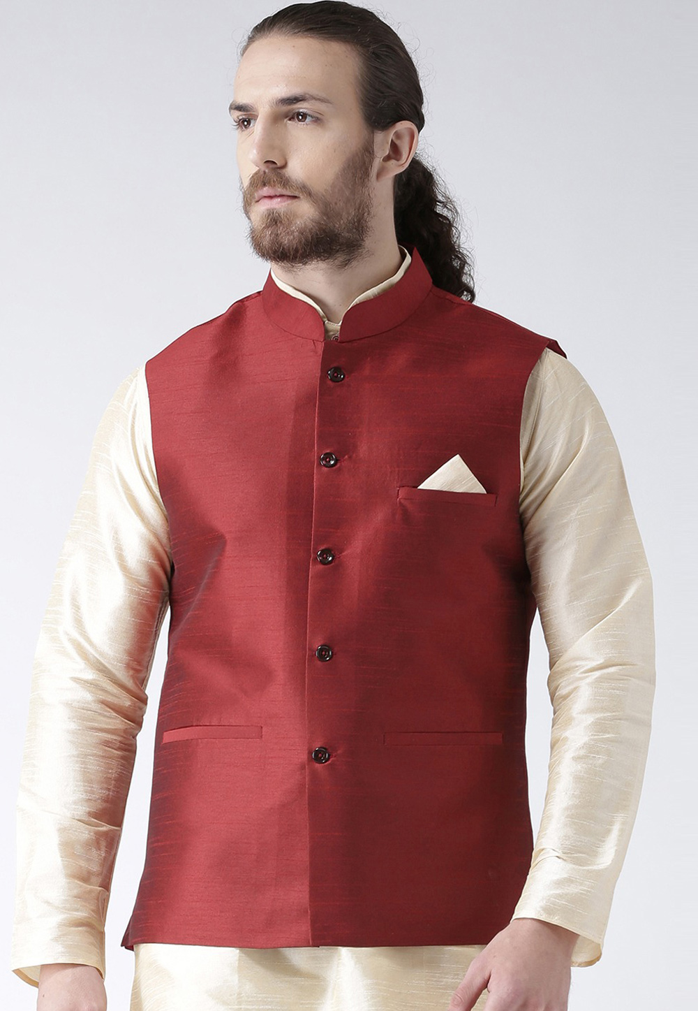 Maroon Color Tussar Ghicha Silk Nehru Jacket Bandhgala Waistcoat Bandi –  Bollywood Wardrobe