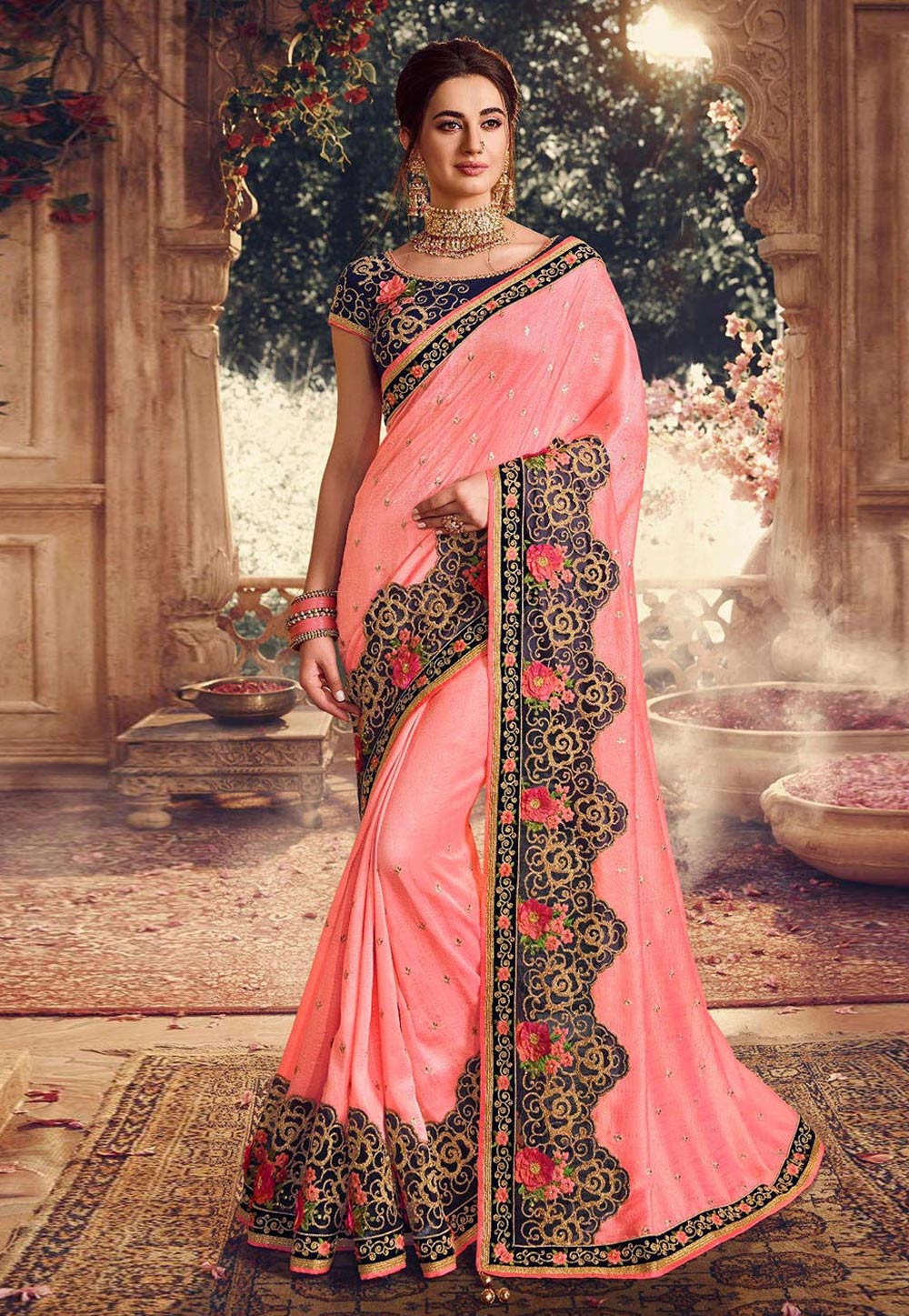 Pink Silk Embroidered Party Wear Saree 216885