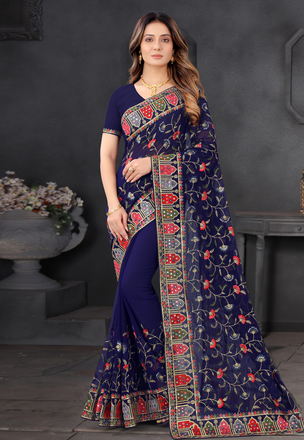 Navy Blue Georgette Saree With Blouse 234939