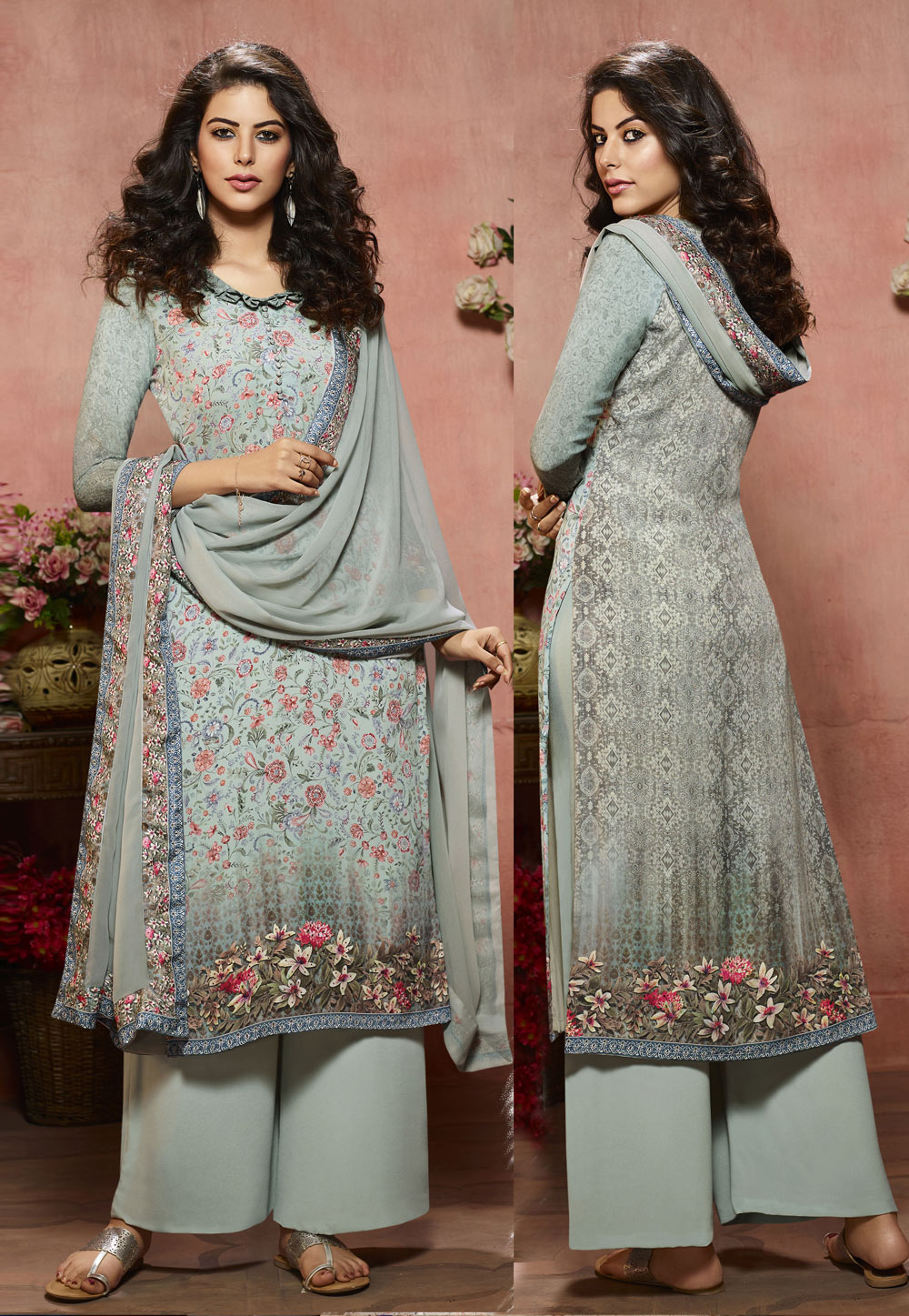 Light Blue Crepe Printed Palazzo Suit 177731