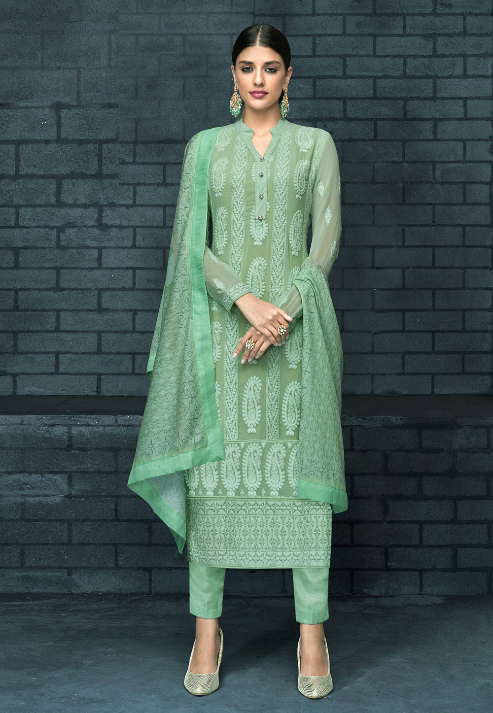 Light Green Faux Georgette Readymade Pant Style Suit 180990