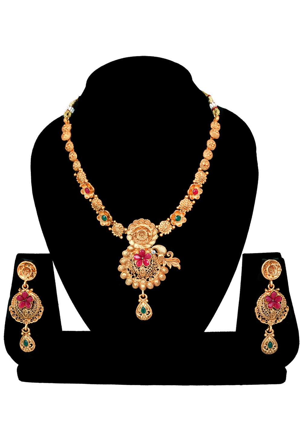 Magenta Alloy Austrian Diamonds and Kundan Necklace With Earrings 272662