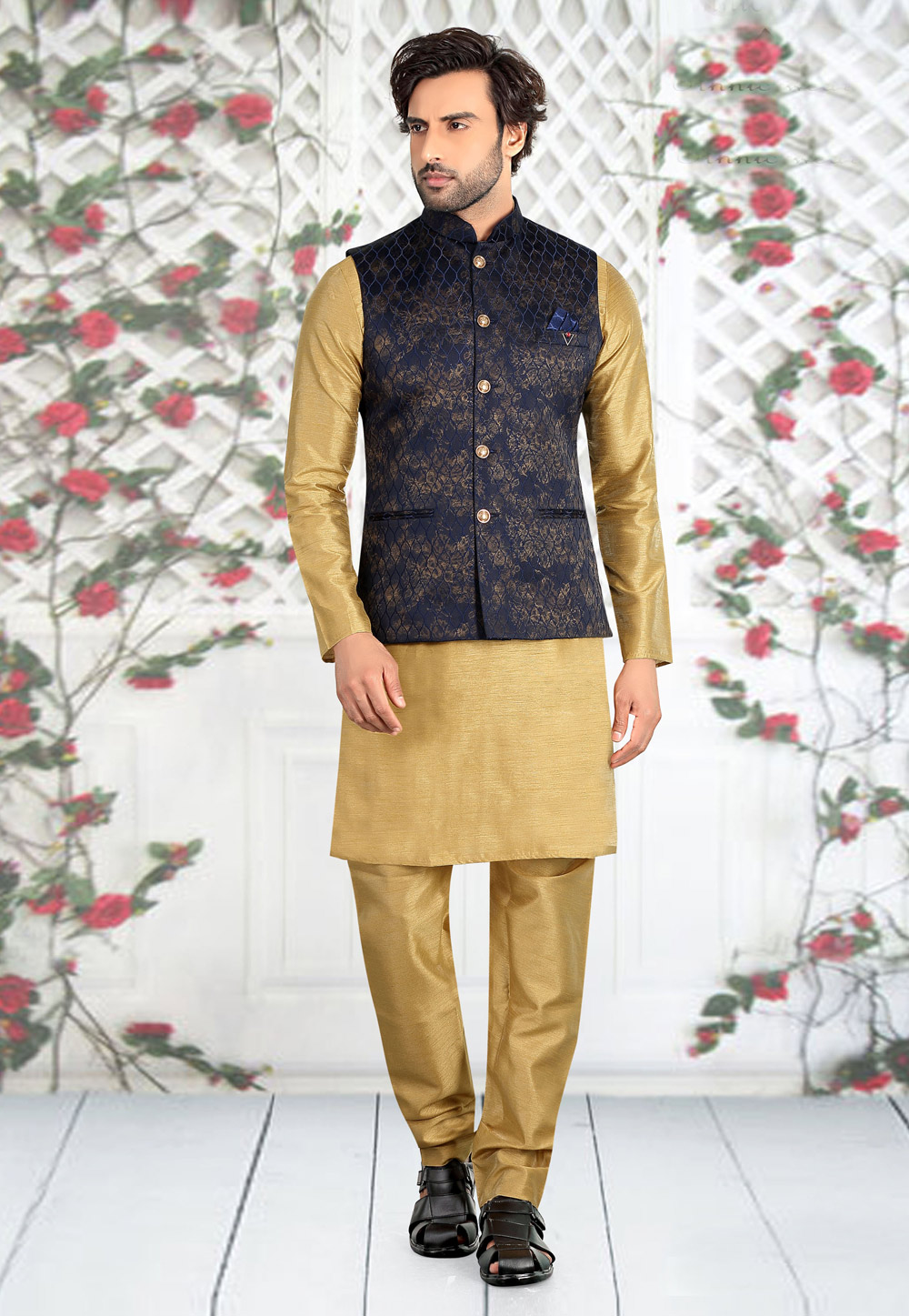 Golden Cotton Readymade Kurta Pajama With Jacket 213594