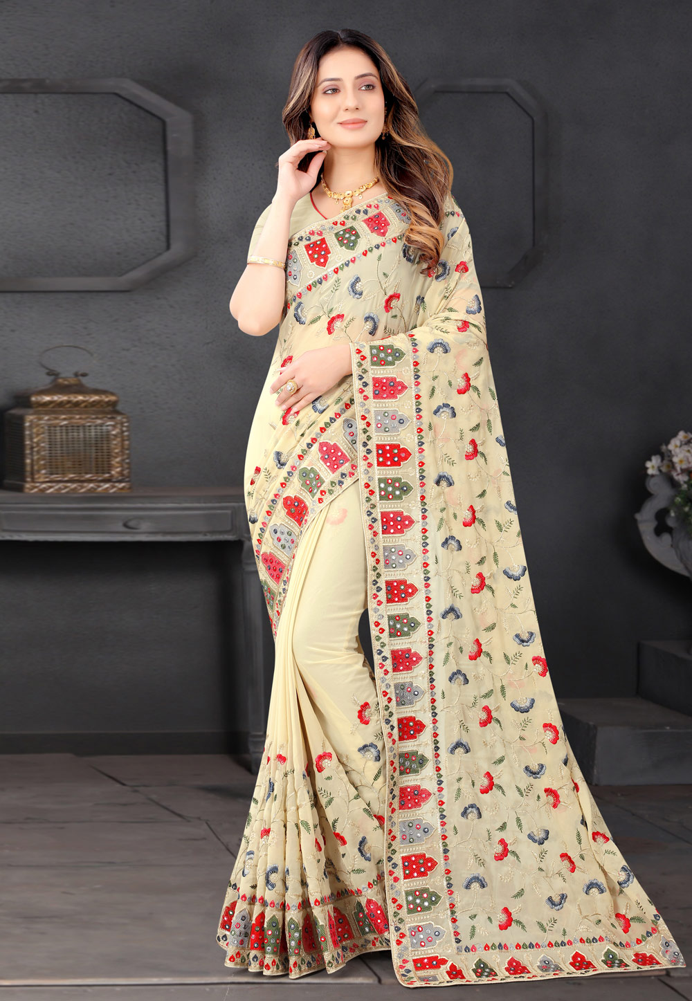 Cream Georgette Saree With Blouse 234943