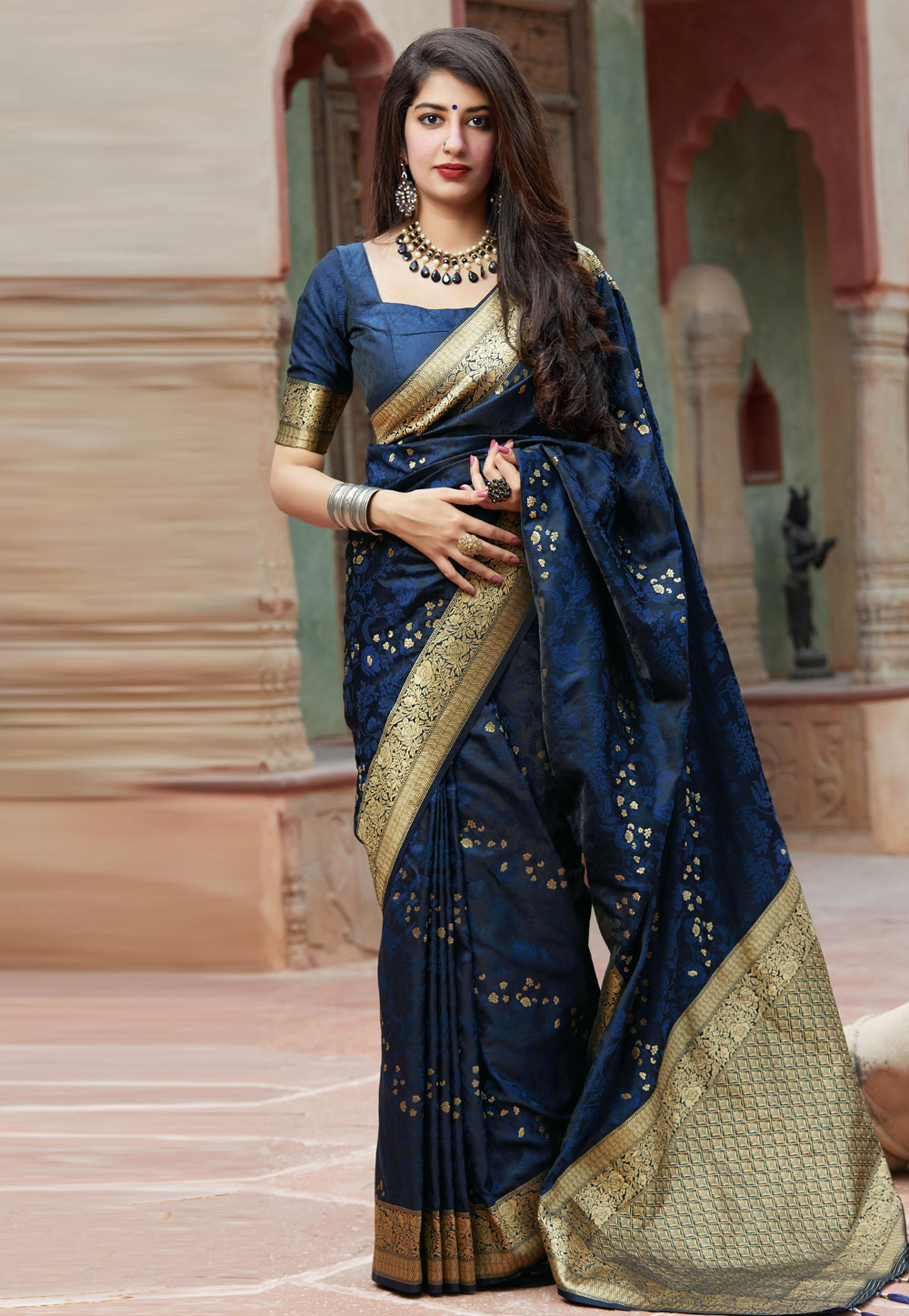 Navy Blue Banarasi Silk Saree With Blouse 213887