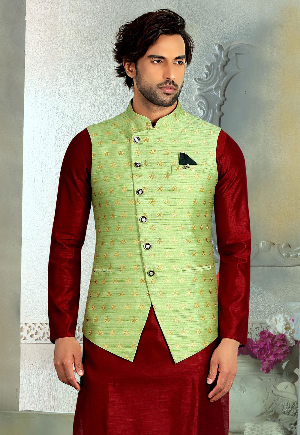 Buy MOHANLAL SONS Men Green Floral Chikankari Silk Georgette Kurta with  Pyjamas & Nehru Jacket Online at Best Prices in India - JioMart.