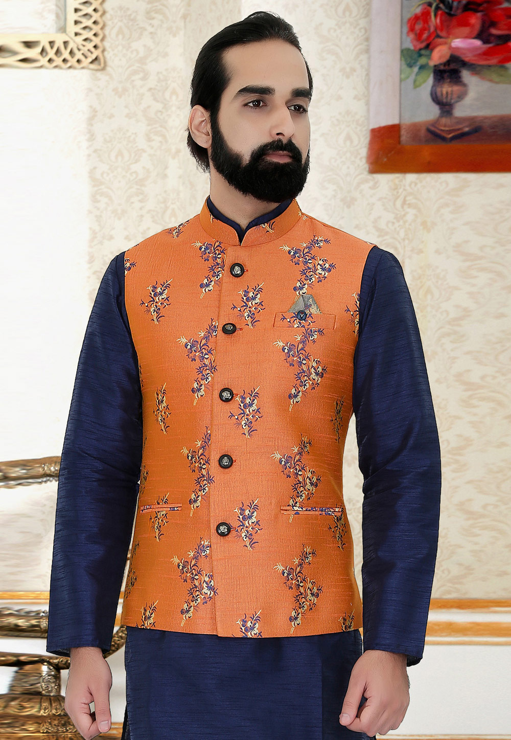 Orange Jacquard Readymade Nehru Jacket 213562