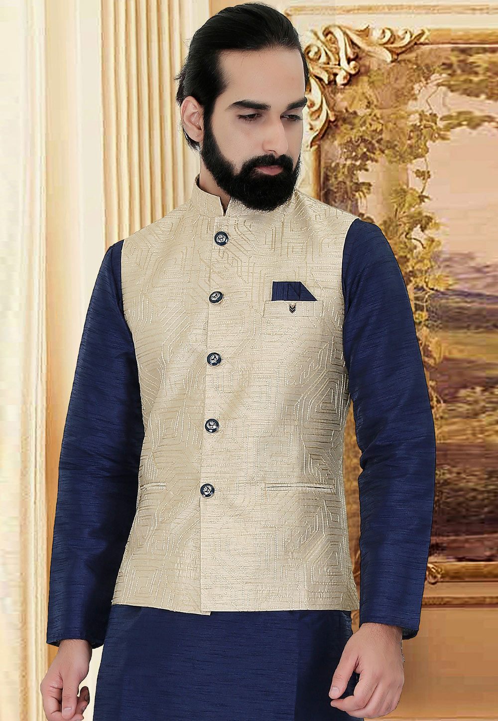Beige Silk Readymade Nehru Jacket 213567