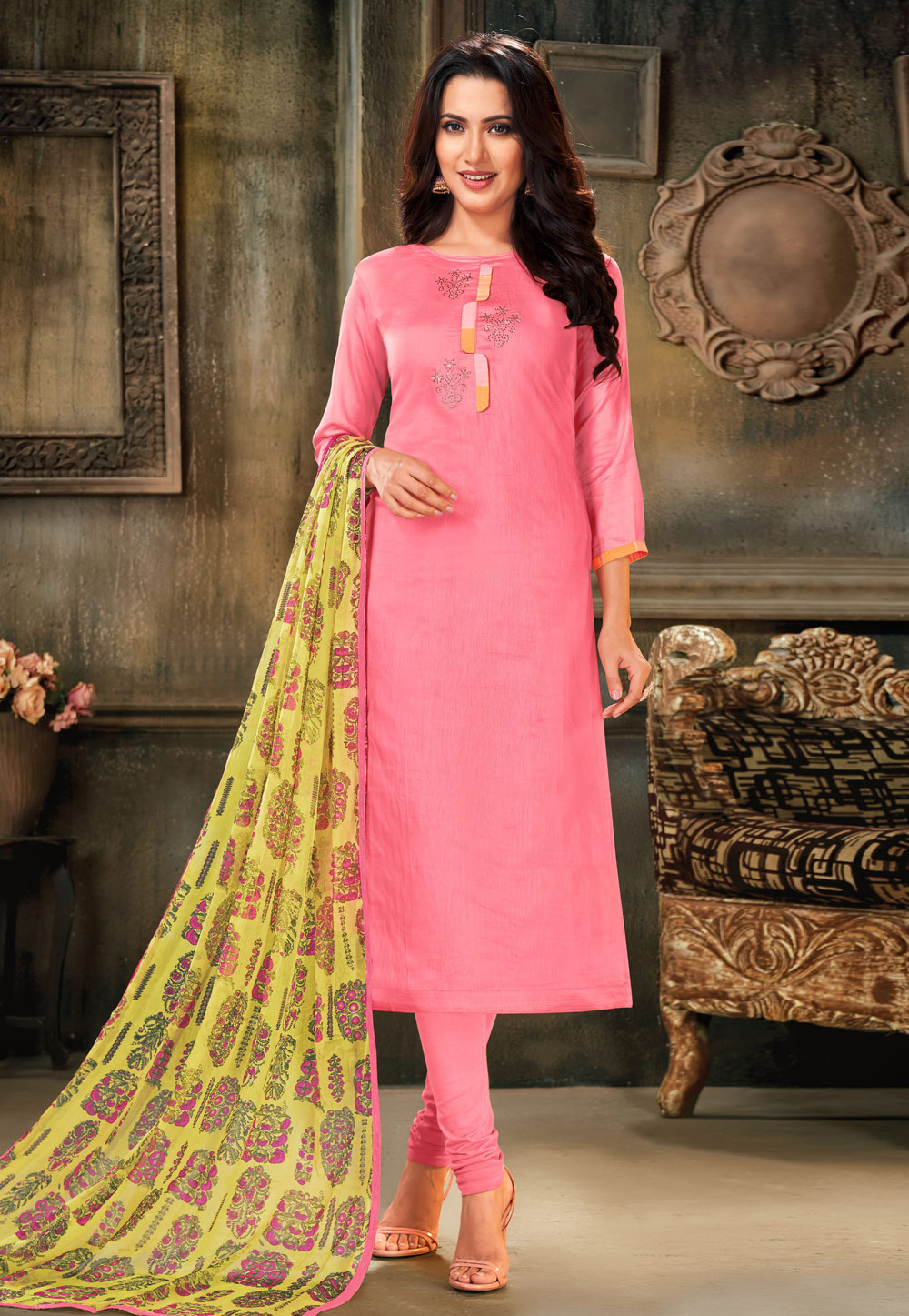 Pink Chanderi Cotton Churidar Suit 213868