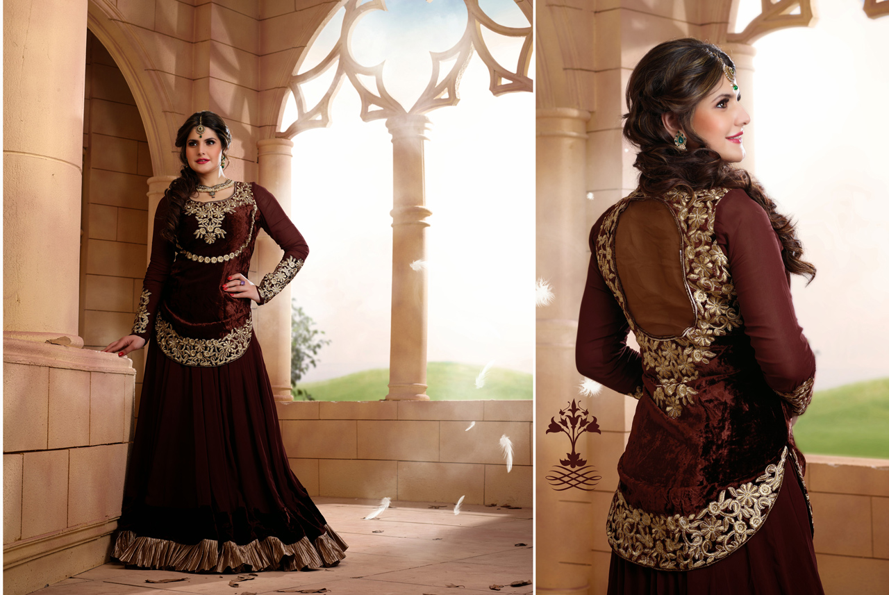 Zarine Khan Brown Embroidered Floor Length Anarkali Suit 36703