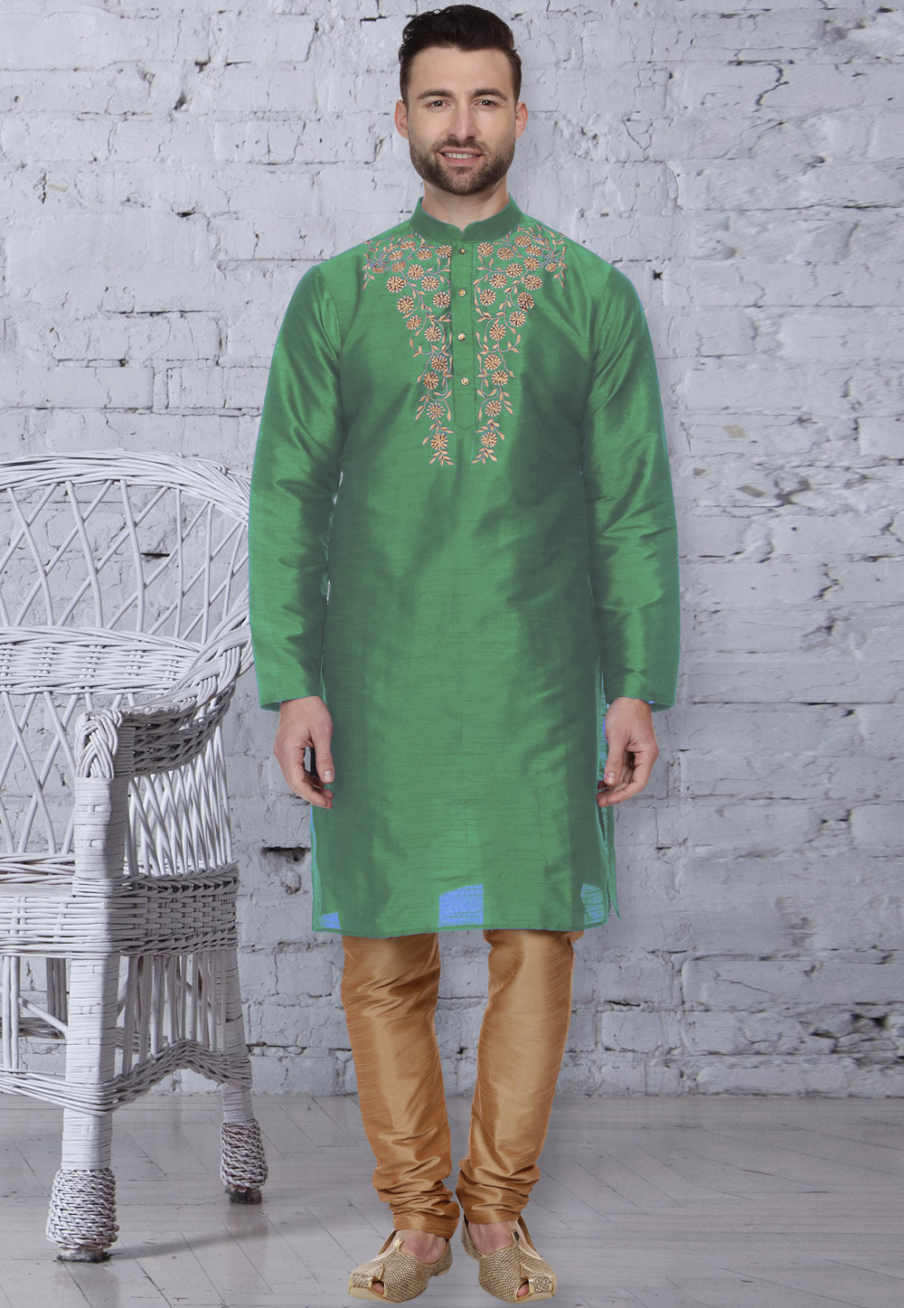 Green Dupion Silk Readymade Kurta Pajama 203908