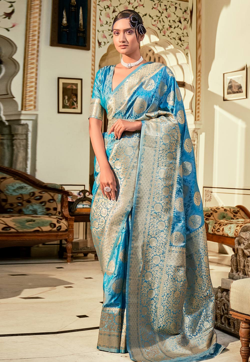 Turquoise Banarasi Silk Saree With Blouse 259610