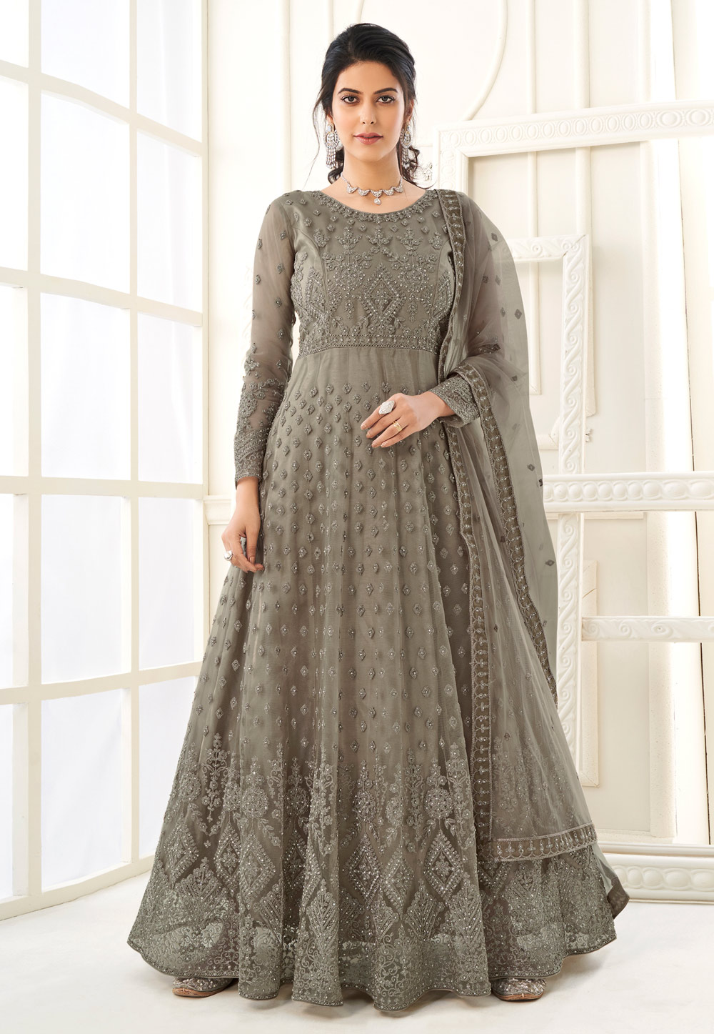 Grey Net Embroidered Abaya Style Anarkali Suit 225272