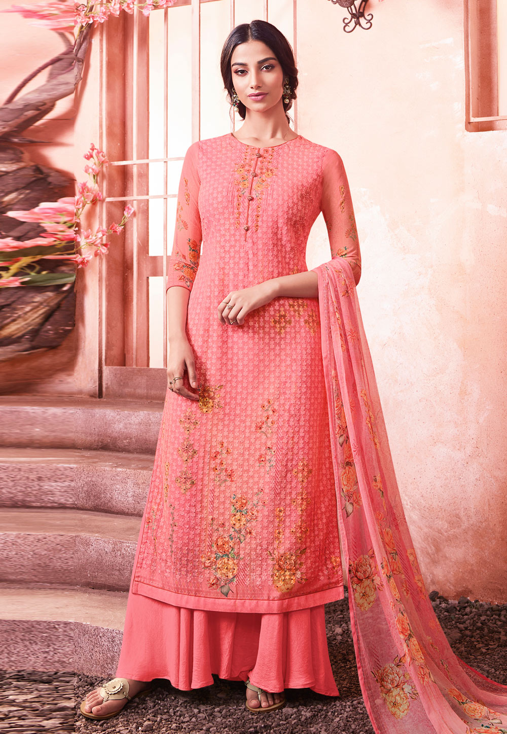 Pink Georgette Kameez With Palazzo 211461