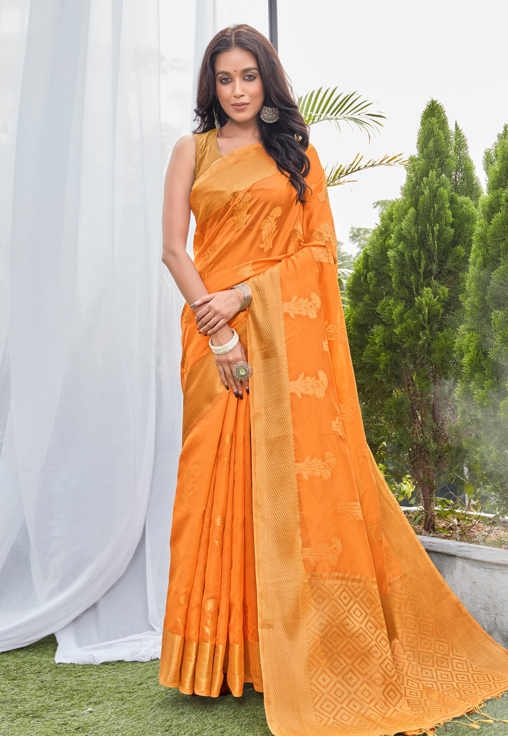 Orange Banarasi Silk Saree With Blouse 236115