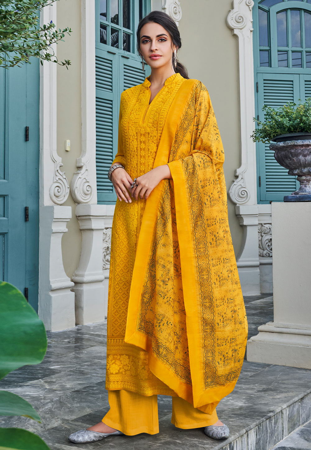 Yellow Faux Georgette Readymade Palazzo Suit 194829