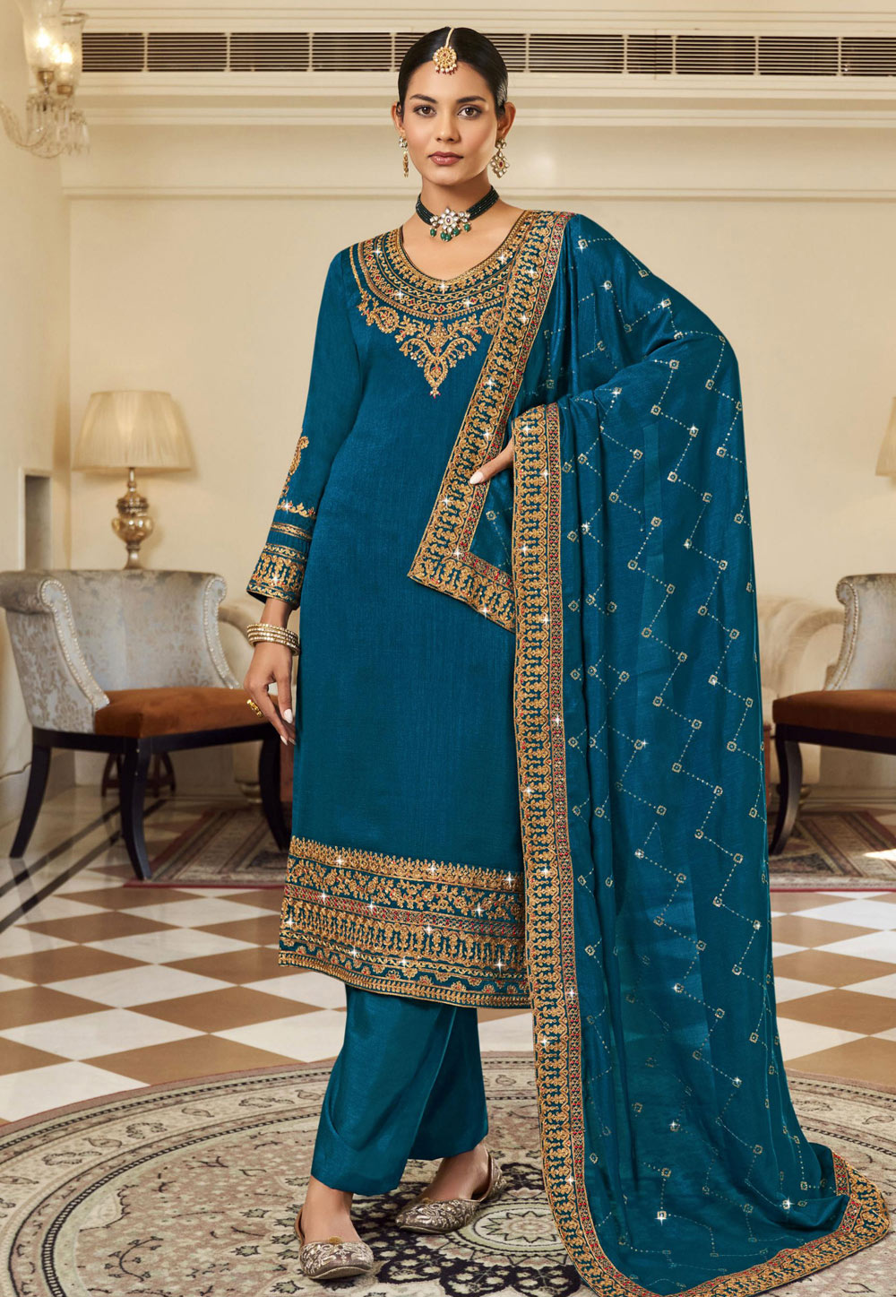 Teal Silk Pakistani Suit 265536