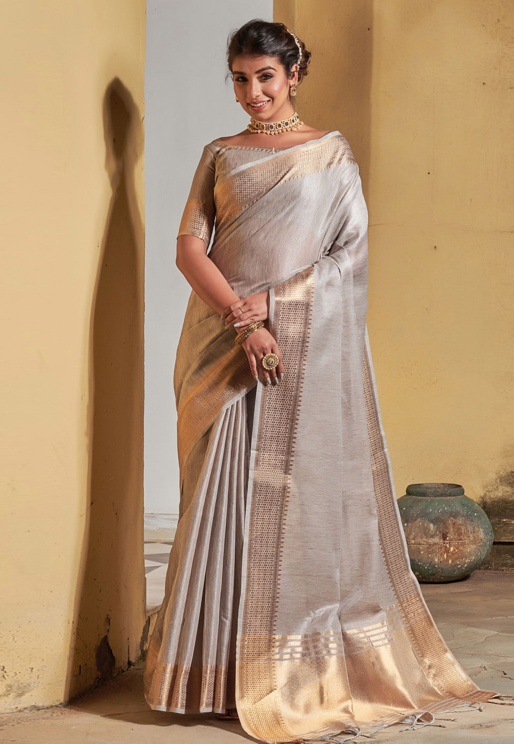 Grey Banarasi Silk Festival Wear Saree 241455
