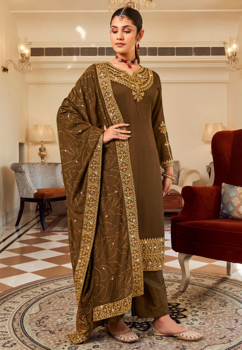Brown Silk Palazzo Suit 265537