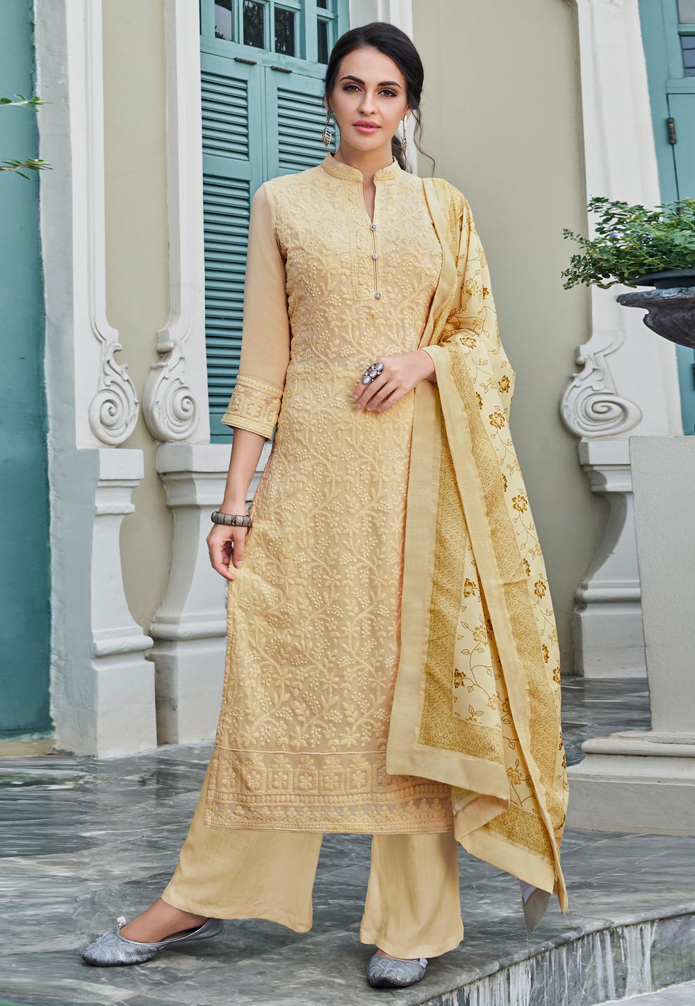 Beige Faux Georgette Readymade Kameez With Palazzo 194832