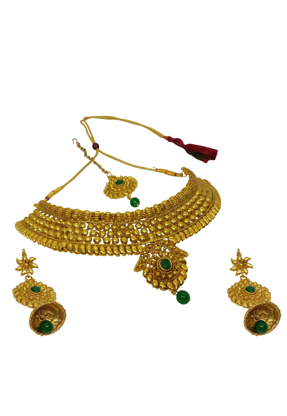 Green Alloy Austrian Diamond Necklace Set With Earrings and Maang Tikka 228734