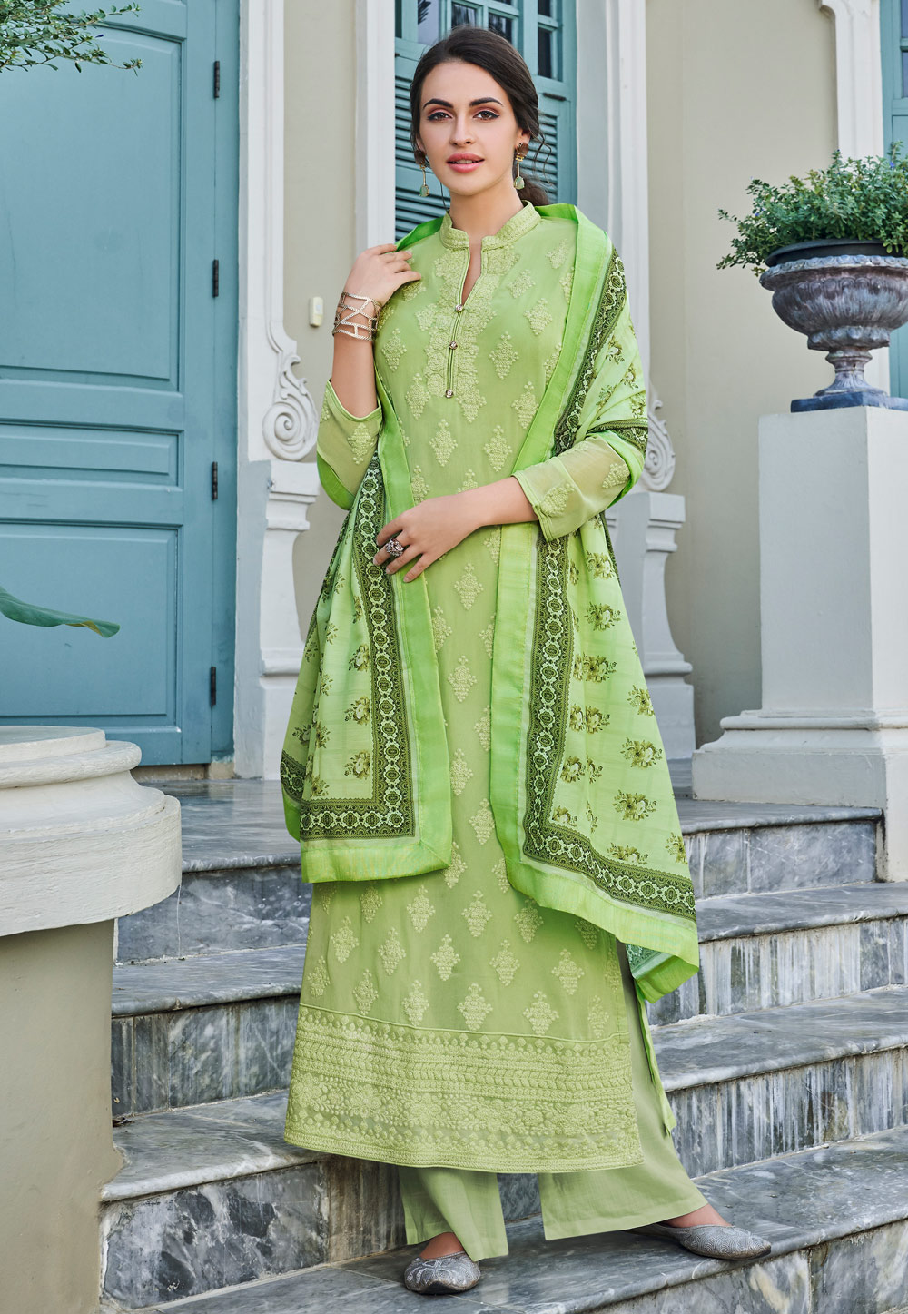 Light Green Faux Georgette Readymade Straight Cut Suit 194833
