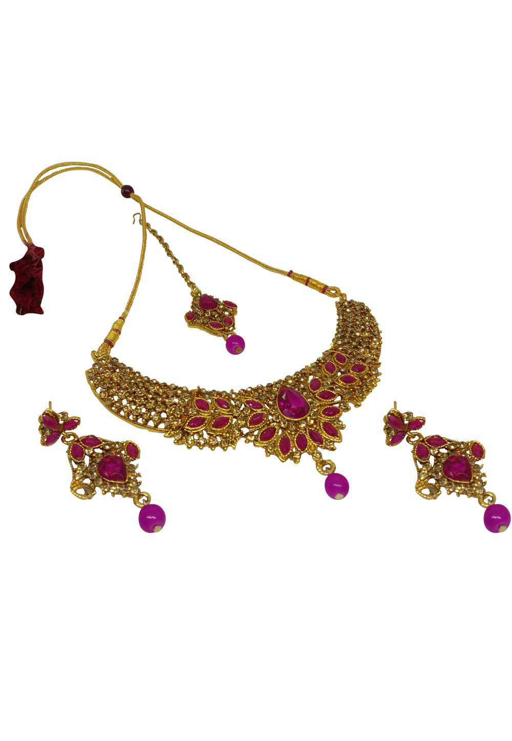Pink Alloy Austrian Diamond Necklace Set With Earrings and Maang Tikka 228735