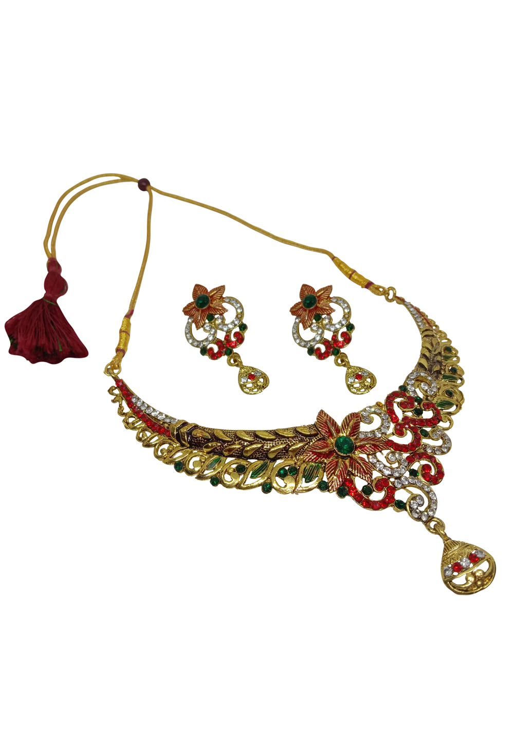 Golden Alloy Austrian Diamond Necklace Set With Earrings 228736
