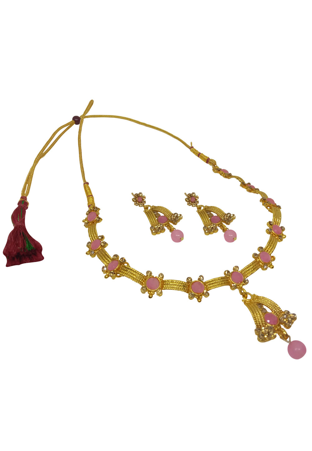 Pink Alloy Austrian Diamond Necklace Set With Earrings 228737